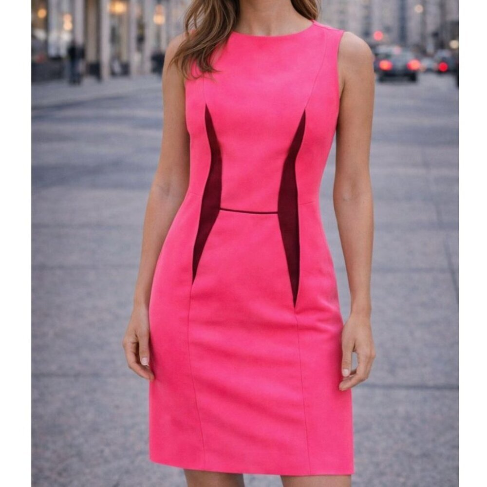 Cedric Charlier Ruffle Detail Pink Black Dress Size 10 Sleeveless Cocktail